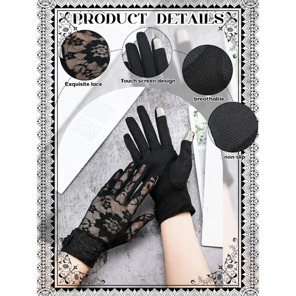 Women's Black Short Floral Finger Less Nylon Halloween Cosplay Lace Gloves
